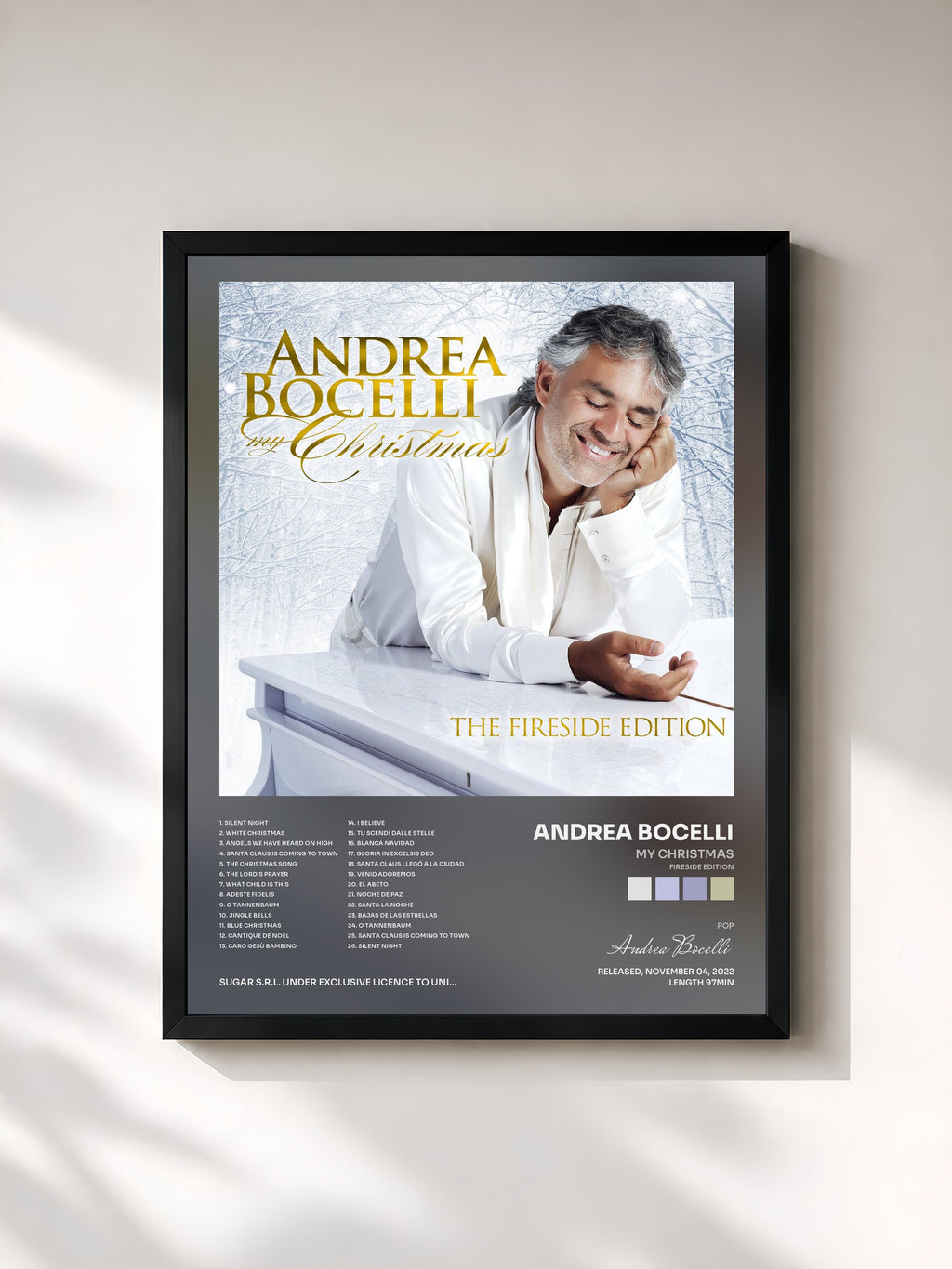 #noir Tableau de l'album My Christmas (Fireside Edition) de Andrea Bocelli, cadre noir, imprimé et encadré en France