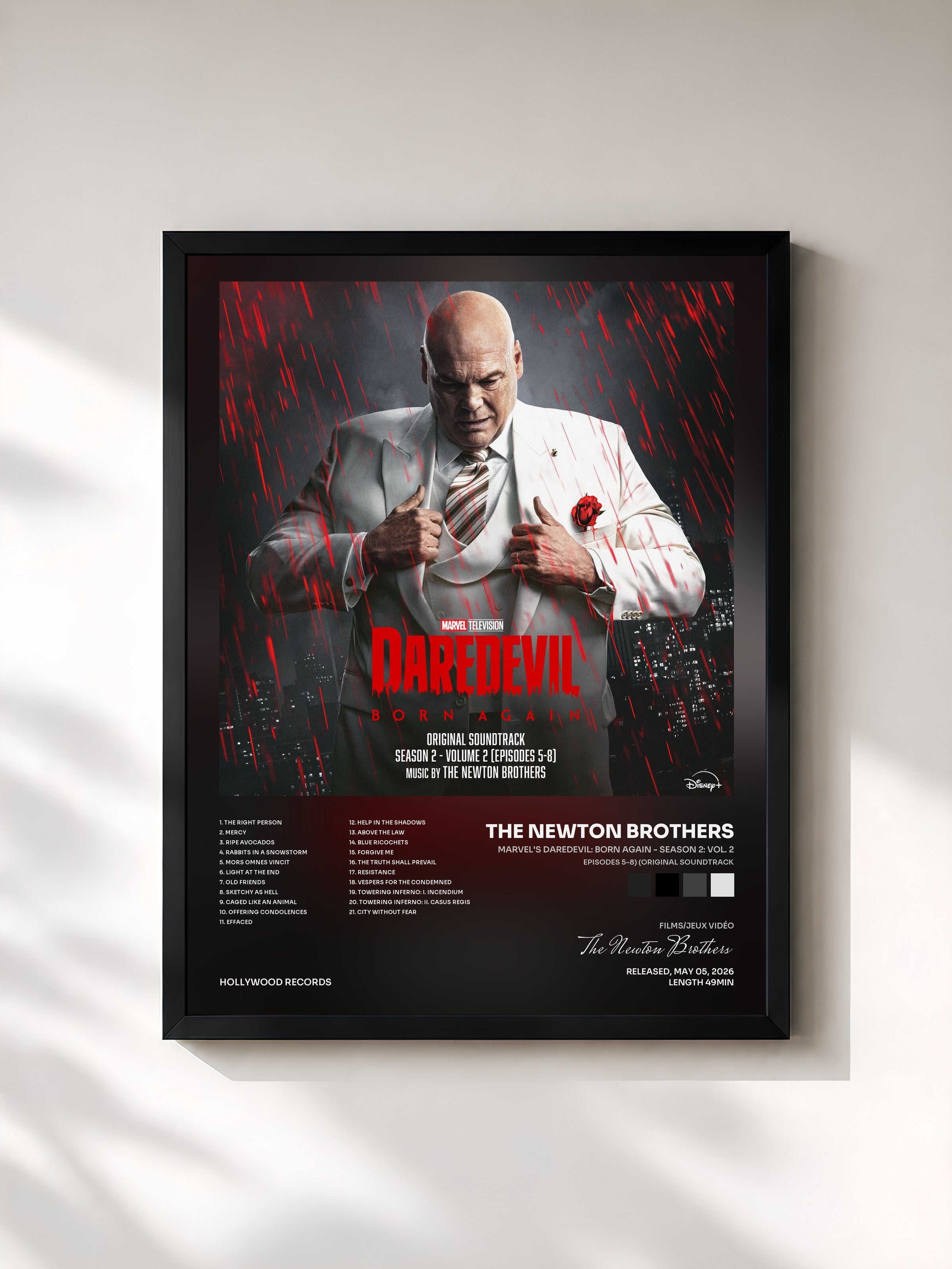 #noir Tableau de l'album Marvel's Daredevil: Born Again - Season 2: Vol. 2 (Episodes 5-8) (Original Soundtrack) de The Newton Brothers, cadre noir, imprimé et encadré en France