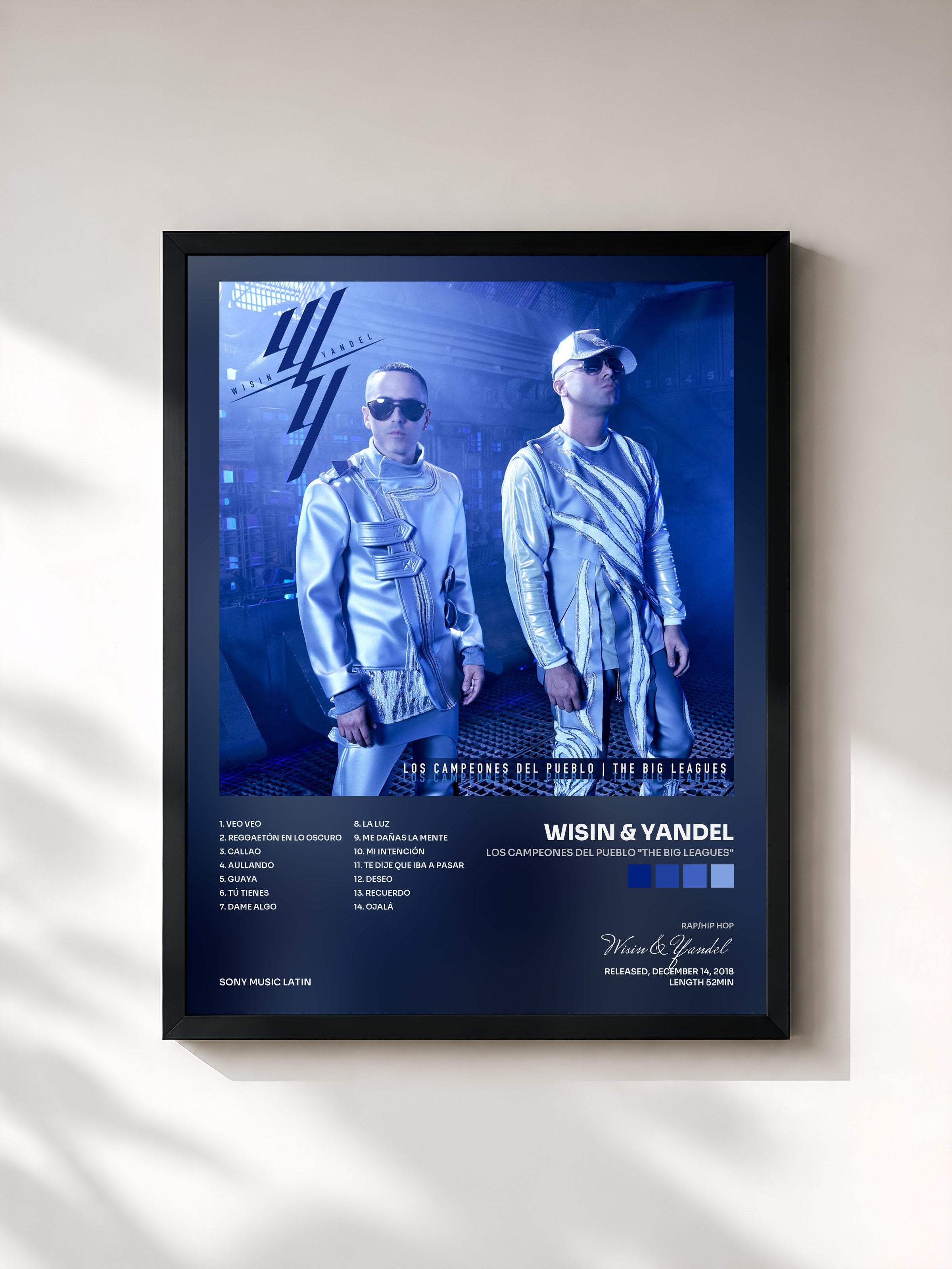 #noir Tableau de l'album Los Campeones del Pueblo "The Big Leagues" de Wisin & Yandel, cadre noir, imprimé et encadré en France