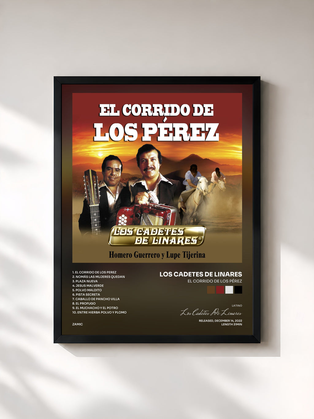 #noir Tableau de l'album El Corrido De Los Pérez de Los Cadetes De Linares, cadre noir, imprimé et encadré en France