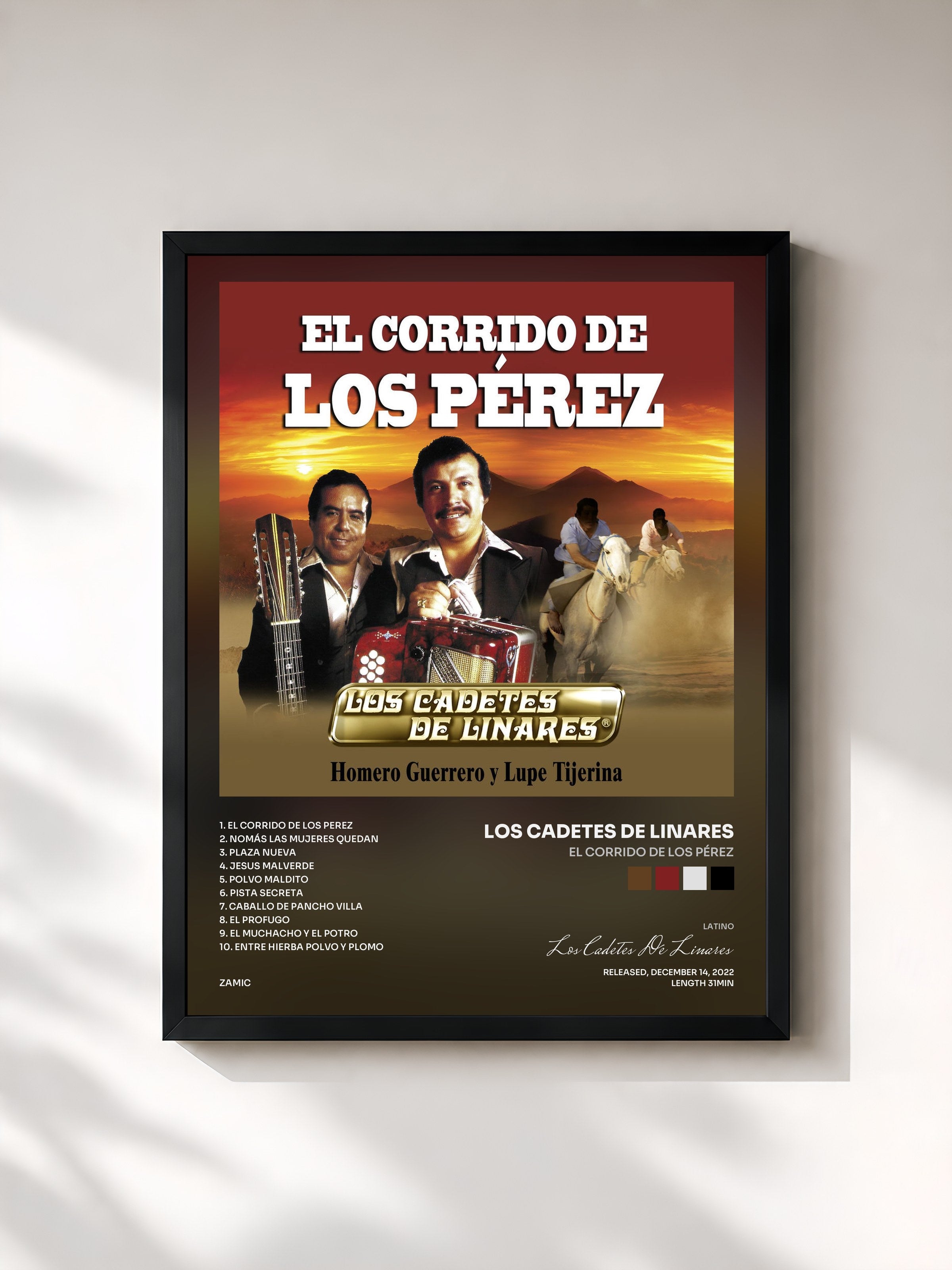 #noir Tableau de l'album El Corrido De Los Pérez de Los Cadetes De Linares, cadre noir, imprimé et encadré en France