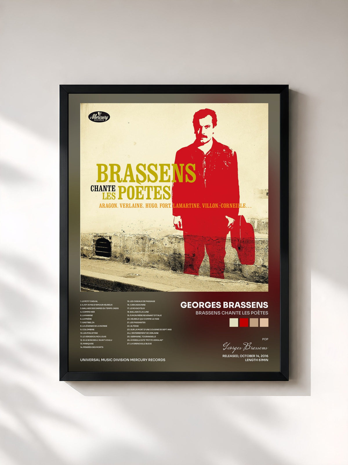 #noir Tableau de l'album Brassens chante les poètes de Georges Brassens, cadre noir, imprimé et encadré en France