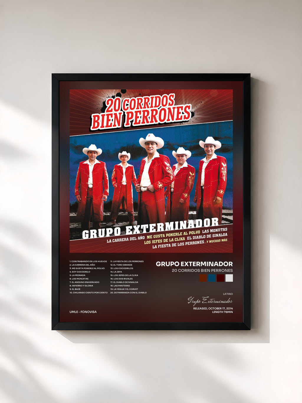 #noir Tableau de l'album 20 Corridos Bien Perrones de Grupo Exterminador, cadre noir, imprimé et encadré en France