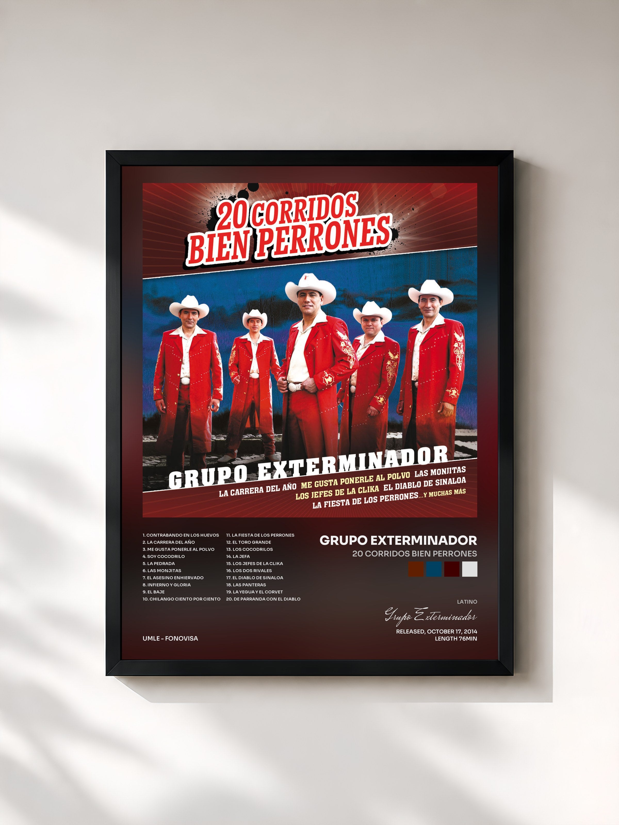 #noir Tableau de l'album 20 Corridos Bien Perrones de Grupo Exterminador, cadre noir, imprimé et encadré en France
