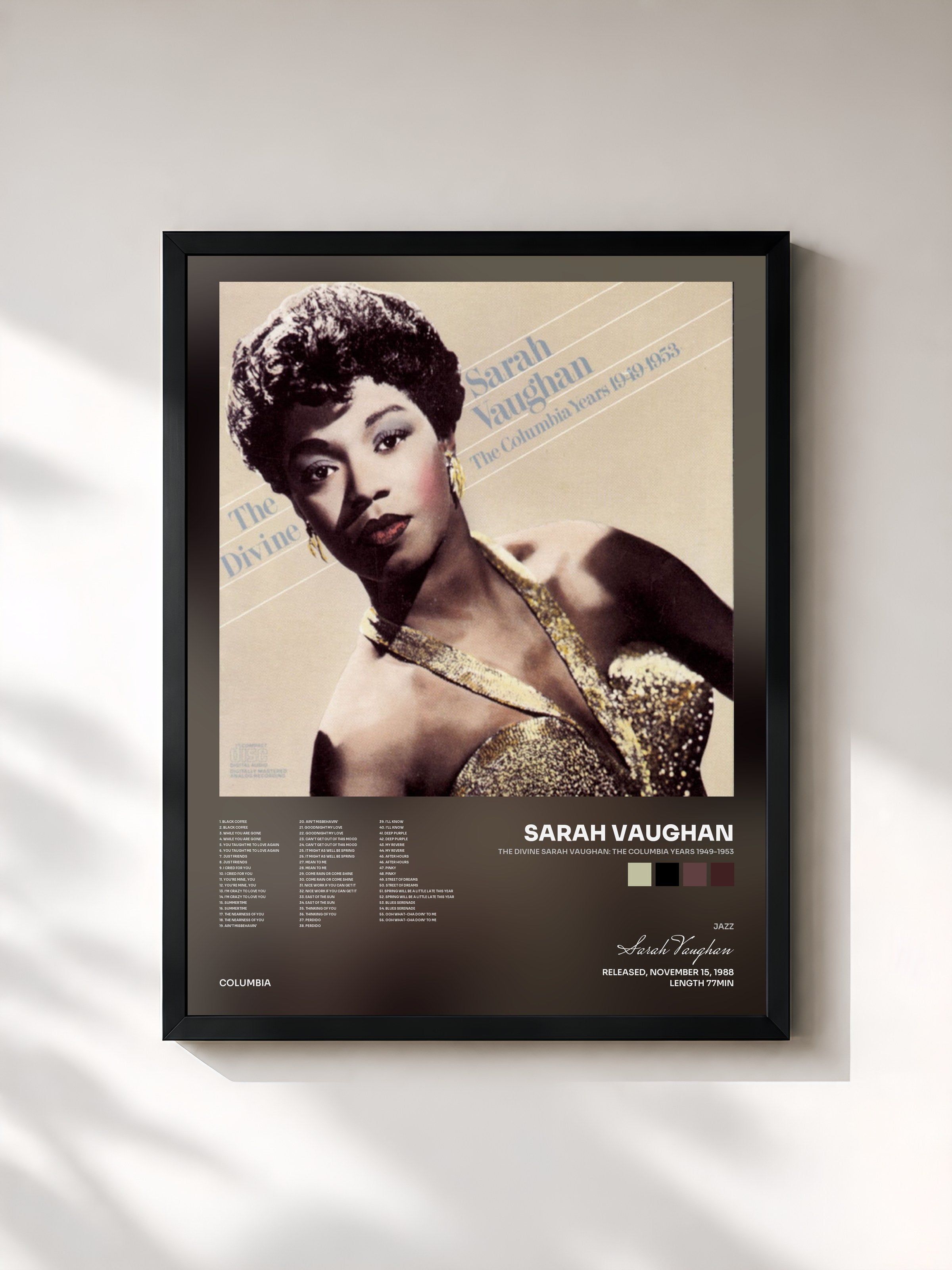 #noir Tableau de l'album The Divine Sarah Vaughan: The Columbia Years 1949-1953 de Sarah Vaughan, cadre noir, imprimé et encadré en France