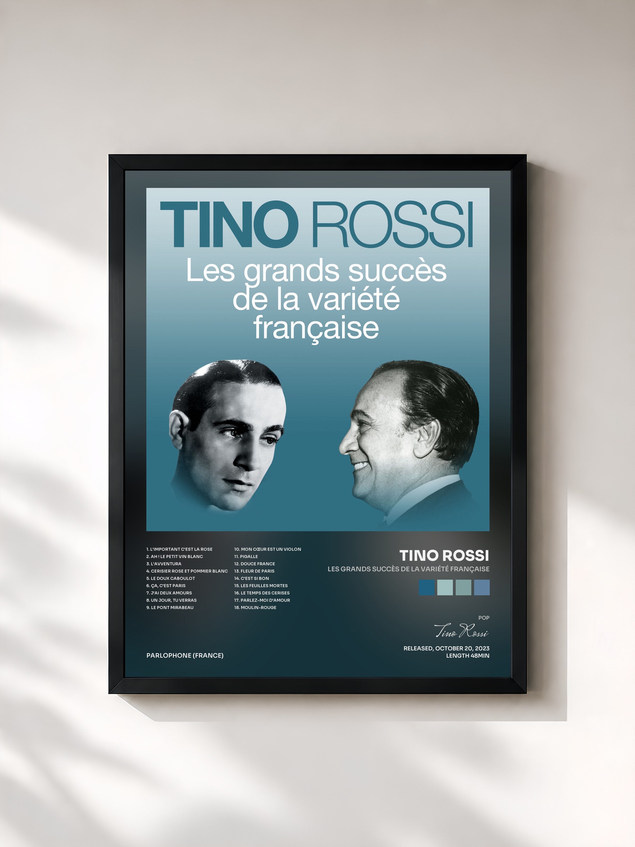 #noir Tableau de l'album Les grands succès de la variété française de Tino Rossi, cadre noir, imprimé et encadré en France