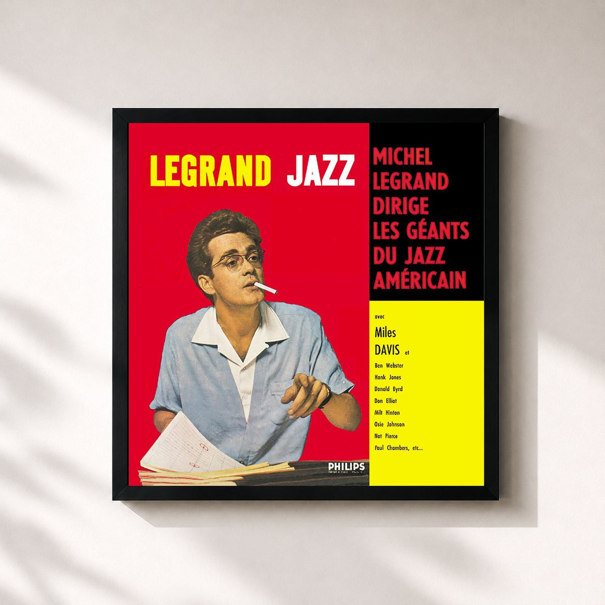 #noir Tableau carré de l'album Legrand Jazz de Michel Legrand, cadre noir 32x32 cm