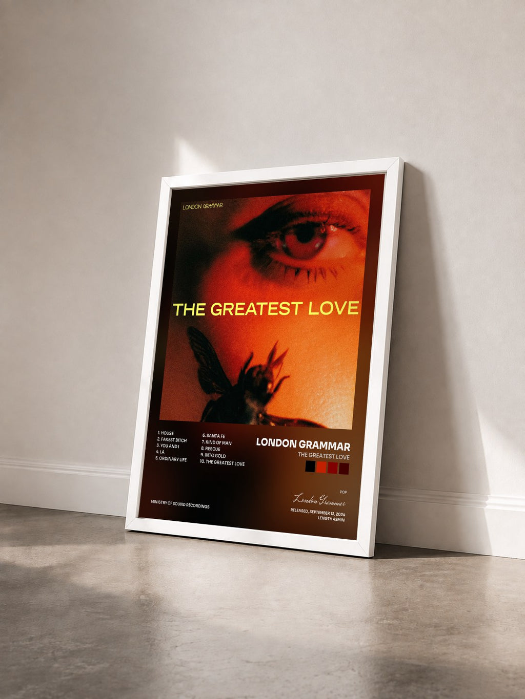 #blanc Tableau de l'album The Greatest Love de London Grammar vu de trois quarts, cadre blanc