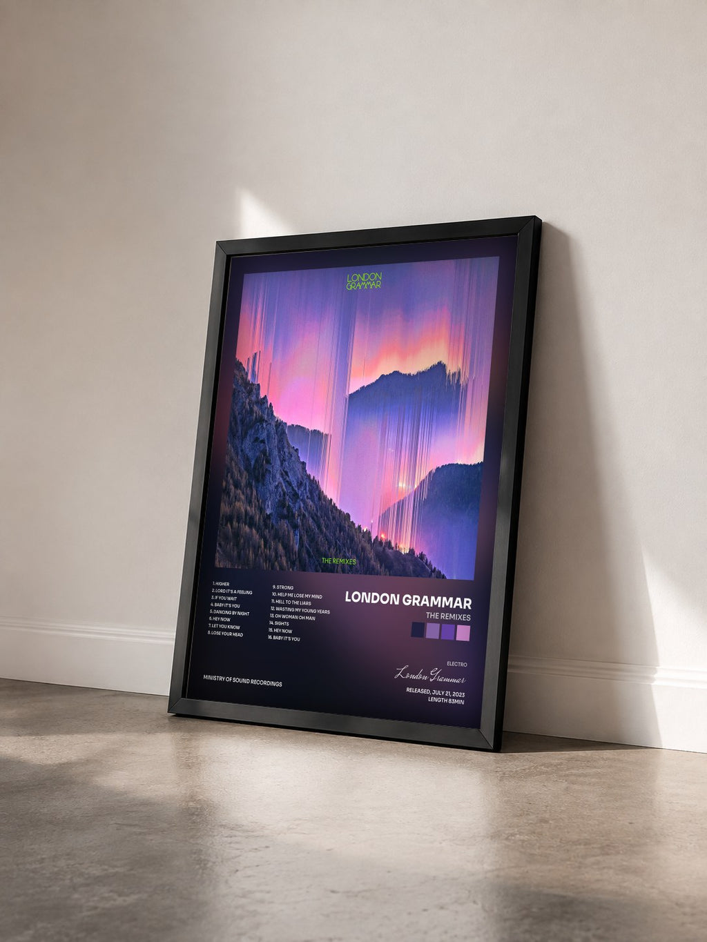 #noir The Remixes by London Grammar as a framed art print seen at an angle, black frame