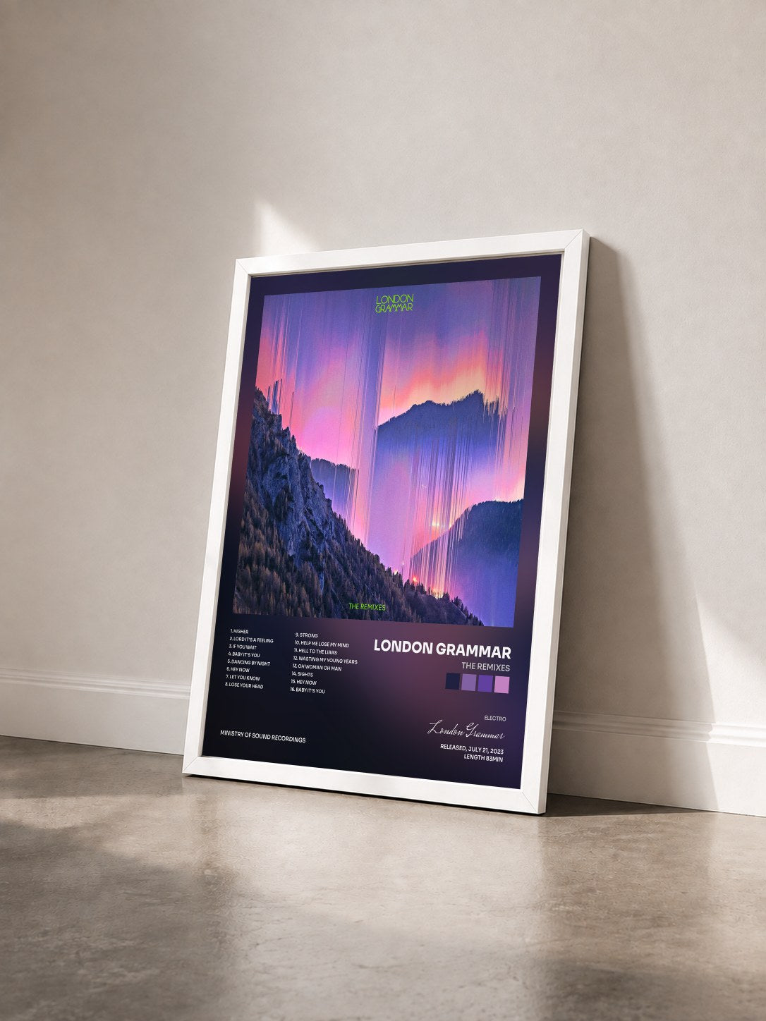 #blanc The Remixes by London Grammar as a framed art print seen at an angle, white frame