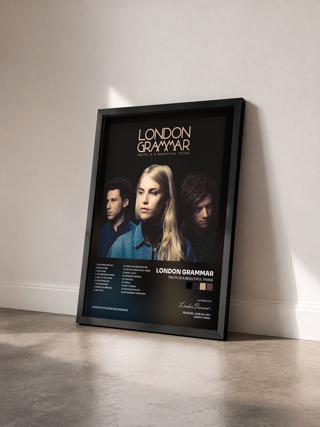 #noir Truth Is a Beautiful Thing by London Grammar as a framed art print seen at an angle, black frame