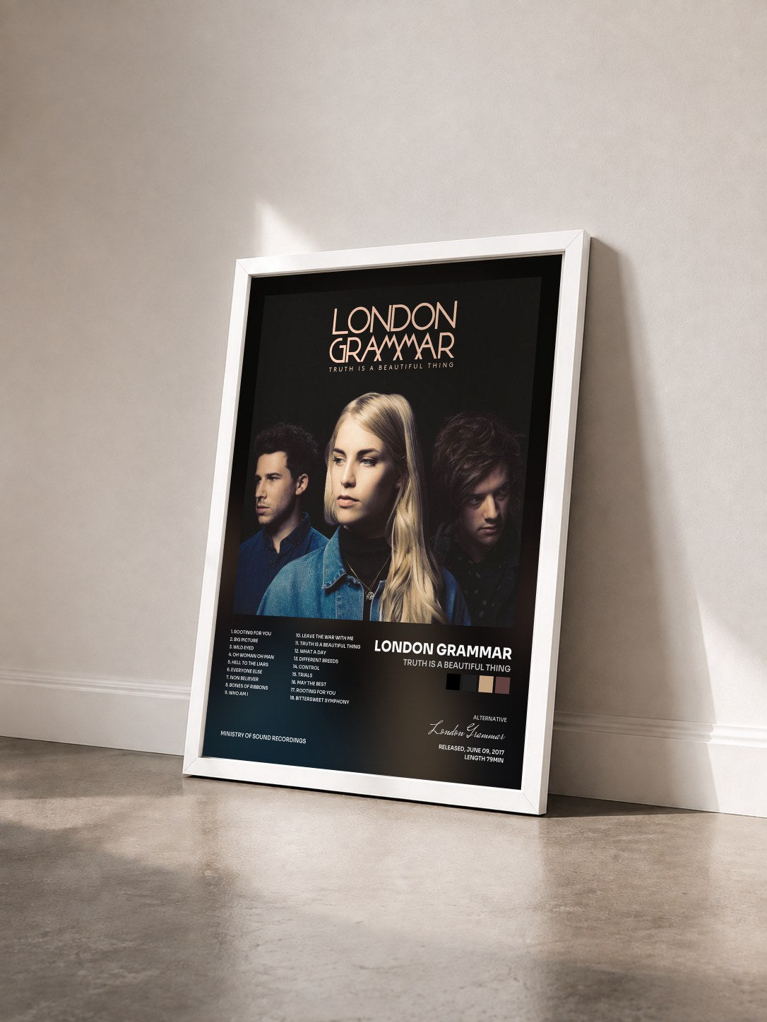 #blanc Truth Is a Beautiful Thing by London Grammar as a framed art print seen at an angle, white frame