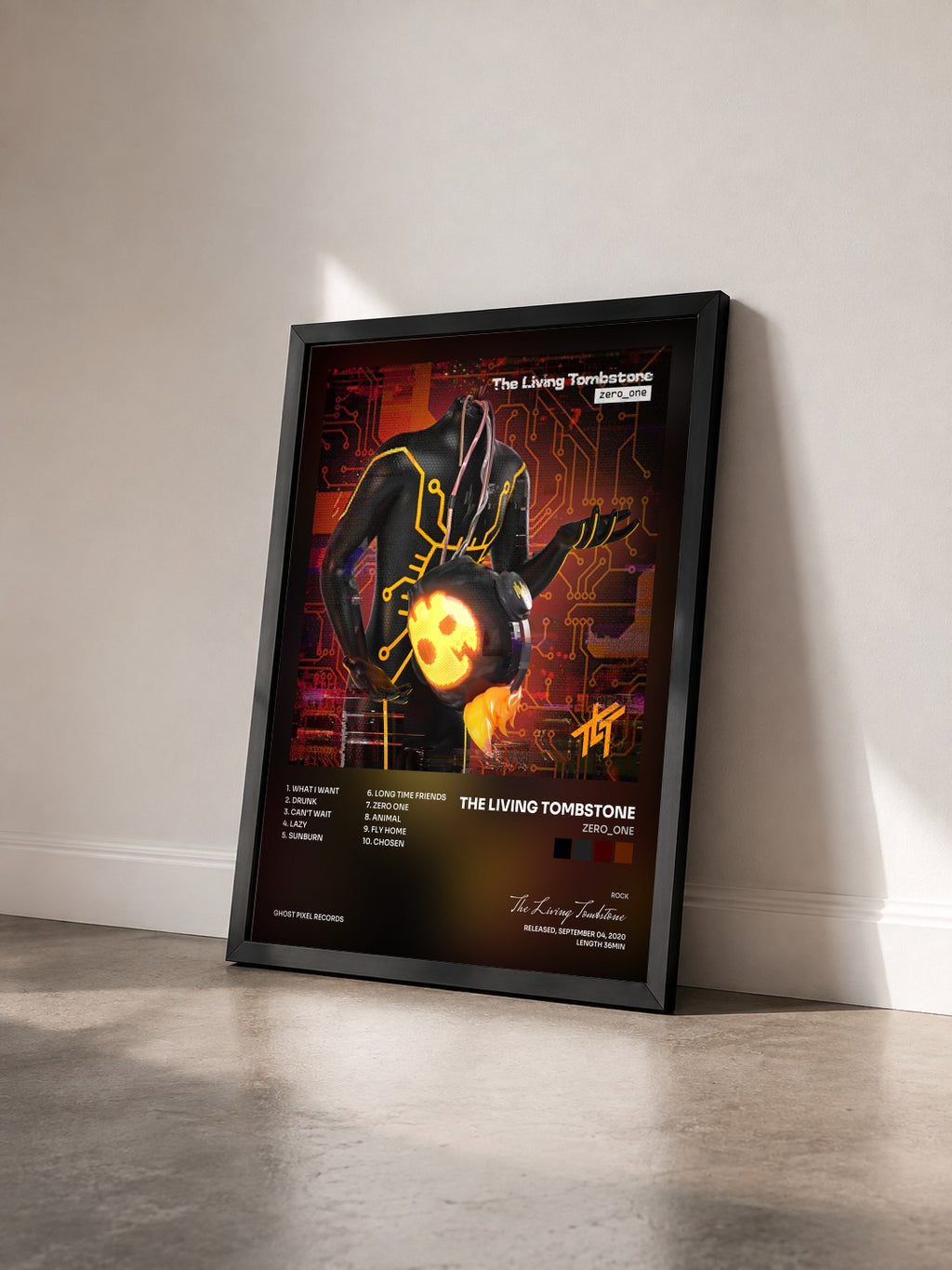 #noir Tableau de l'album zero_one de The Living Tombstone vu de trois quarts, cadre noir