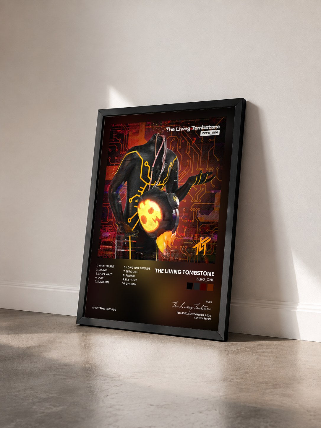 #noir Tableau de l'album zero_one de The Living Tombstone vu de trois quarts, cadre noir