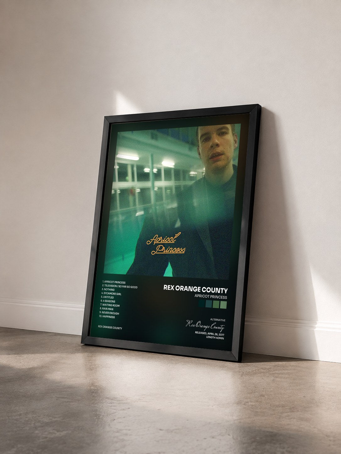 #noir Tableau de l'album Apricot Princess de Rex Orange County vu de trois quarts, cadre noir