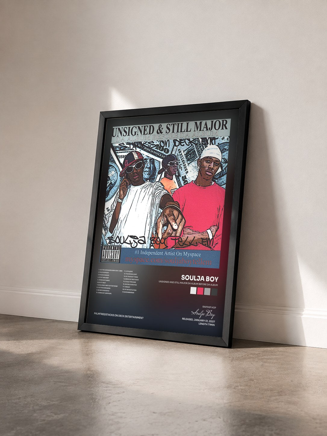 #noir Unsigned and Still Major Da Album Before Da Album by Soulja Boy as a framed art print seen at an angle, black frame