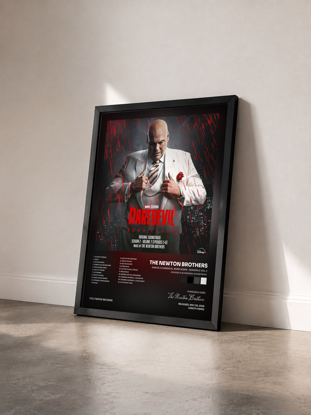 #noir Tableau de l'album Marvel's Daredevil: Born Again - Season 2: Vol. 2 (Episodes 5-8) (Original Soundtrack) de The Newton Brothers vu de trois quarts, cadre noir