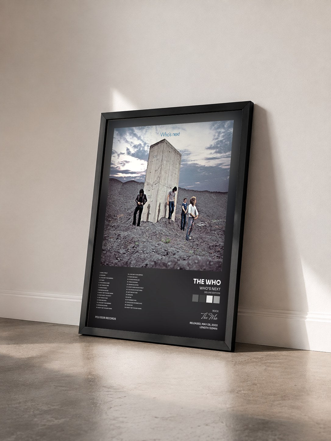 #noir Who's Next (Deluxe Edition) by The Who as a framed art print seen at an angle, black frame