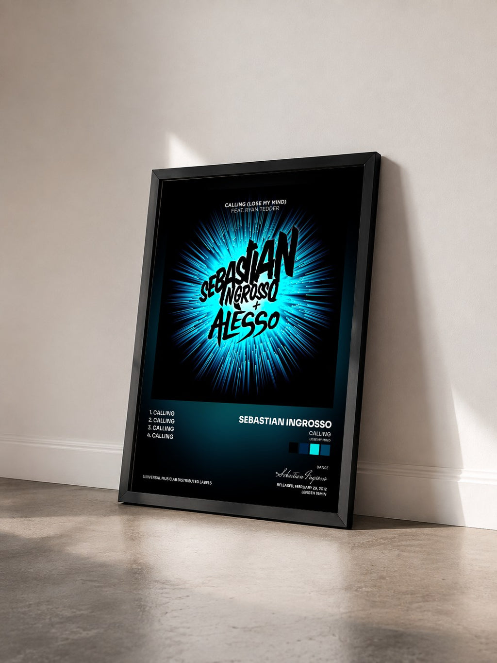 #noir Tableau de l'album Calling (Lose My Mind) de Sebastian Ingrosso vu de trois quarts, cadre noir