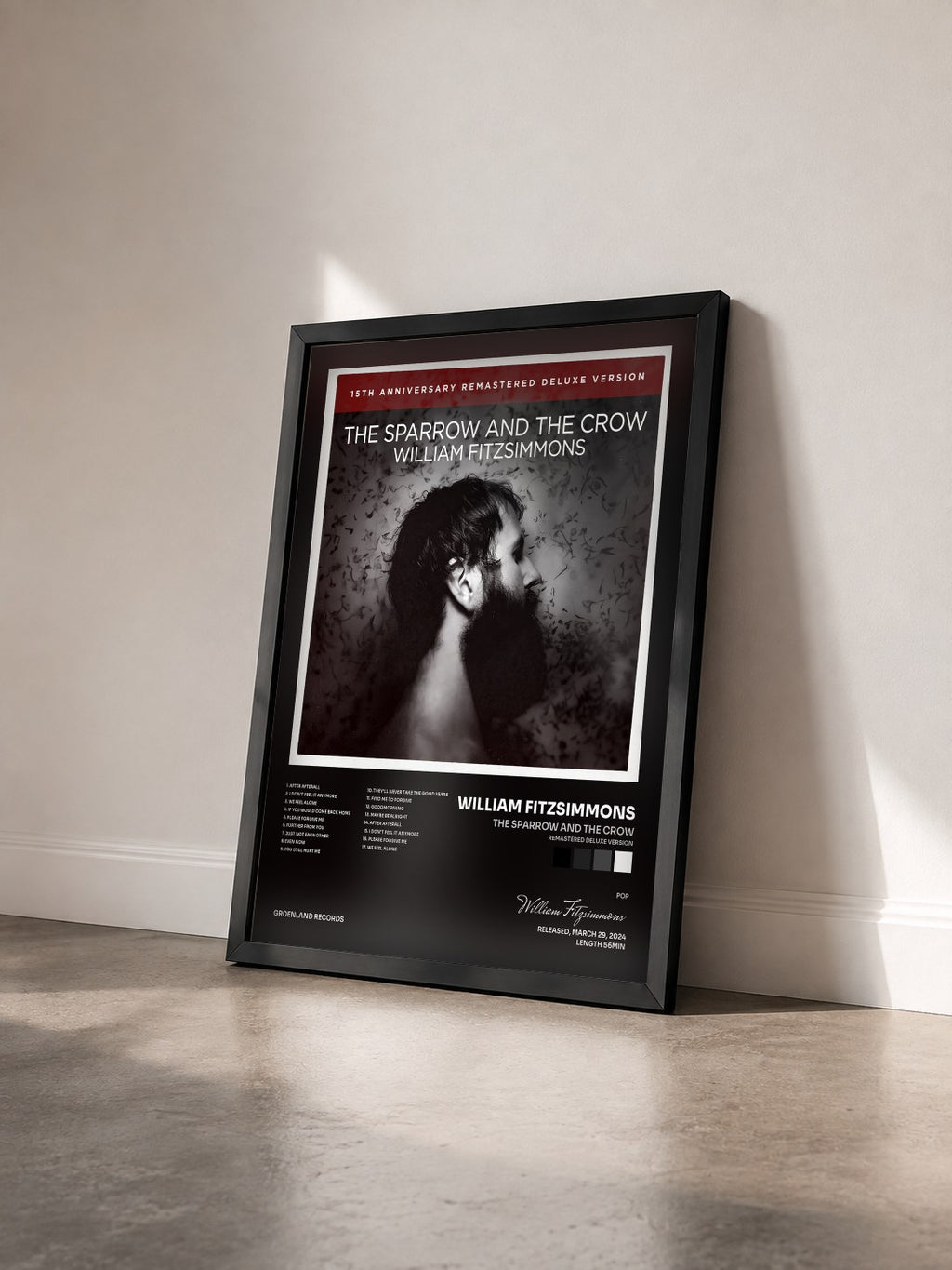 #noir The Sparrow and the Crow (Remastered Deluxe Version) di William Fitzsimmons in stampa incorniciata vista di tre quarti, cornice nera