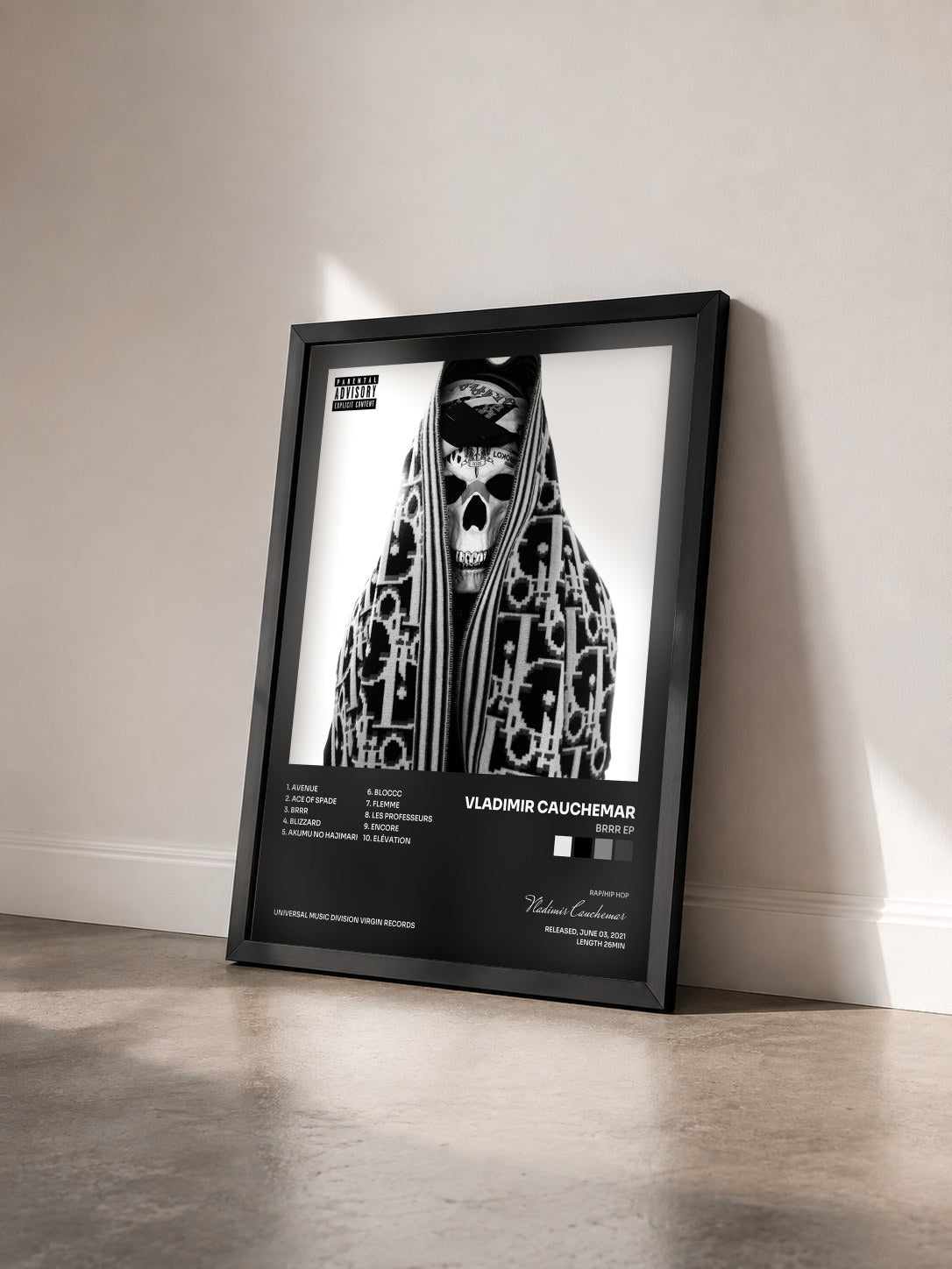 #noir Tableau de l'album Brrr EP de Vladimir Cauchemar vu de trois quarts, cadre noir