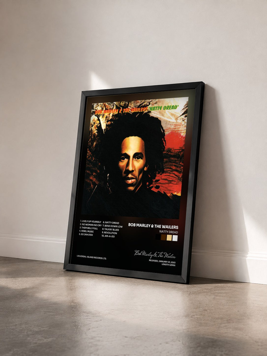 #noir Natty Dread di Bob Marley & The Wailers in stampa incorniciata vista di tre quarti, cornice nera