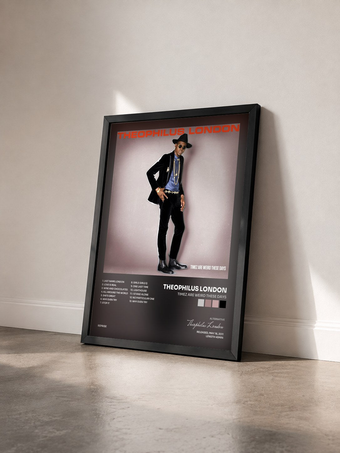 #noir Tableau de l'album Timez Are Weird These Days de Theophilus London vu de trois quarts, cadre noir
