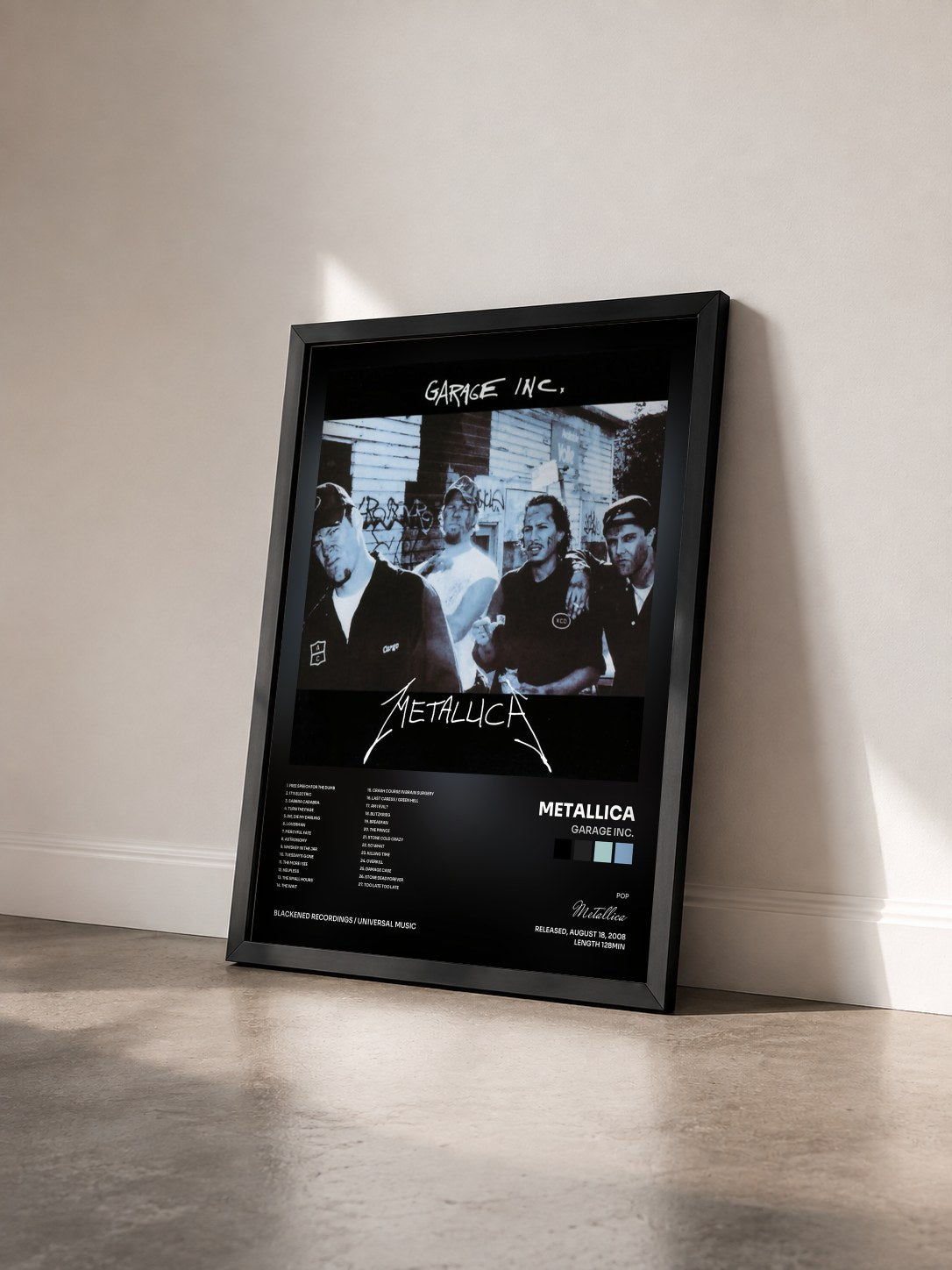 #noir Garage Inc. by Metallica as a framed art print seen at an angle, black frame