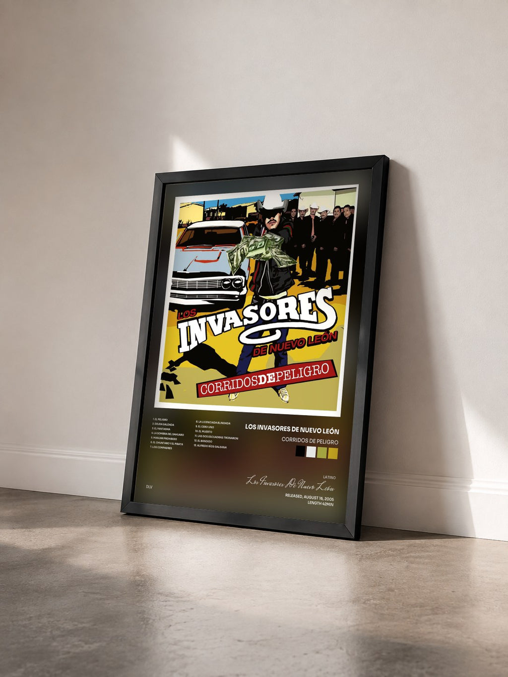 #noir Corridos De Peligro von Los Invasores De Nuevo León als gerahmter Kunstdruck von schräg gesehen, schwarzer Rahmen