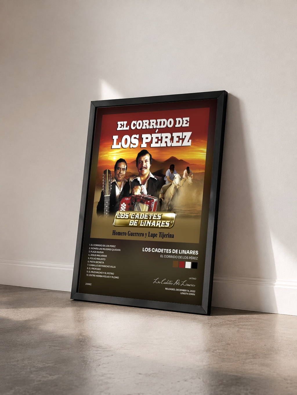 #noir Tableau de l'album El Corrido De Los Pérez de Los Cadetes De Linares vu de trois quarts, cadre noir
