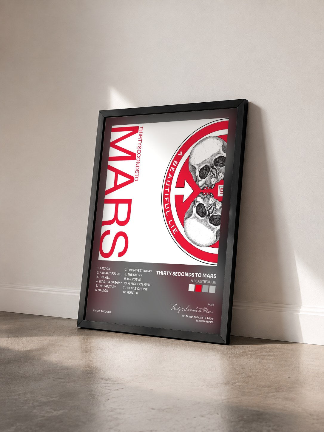 #noir A Beautiful Lie by Thirty Seconds to Mars as a framed art print seen at an angle, black frame