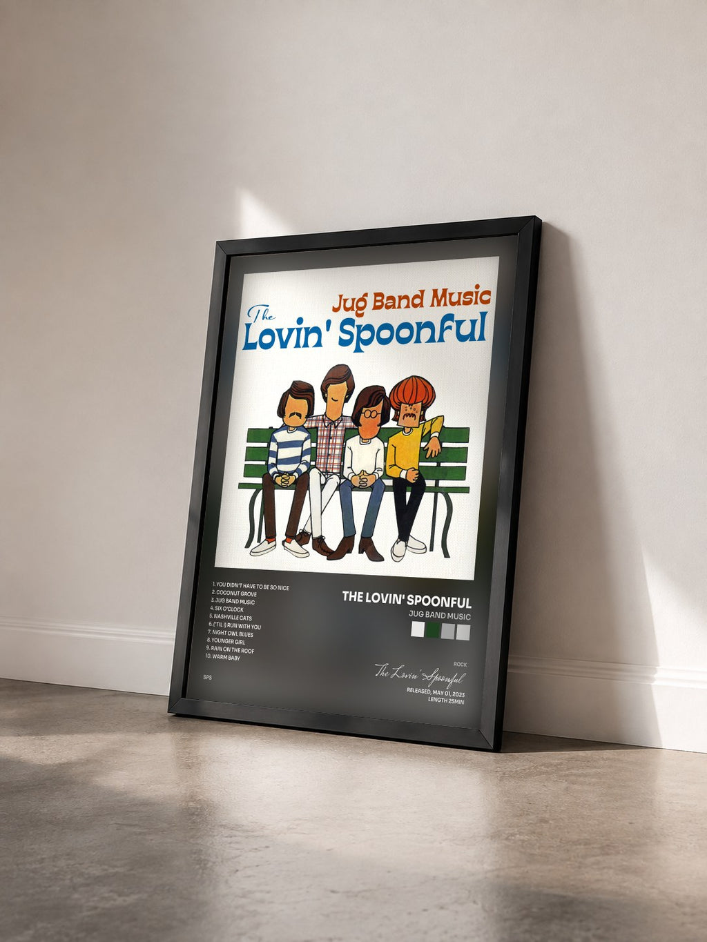 #noir Jug Band Music di The Lovin' Spoonful in stampa incorniciata vista di tre quarti, cornice nera