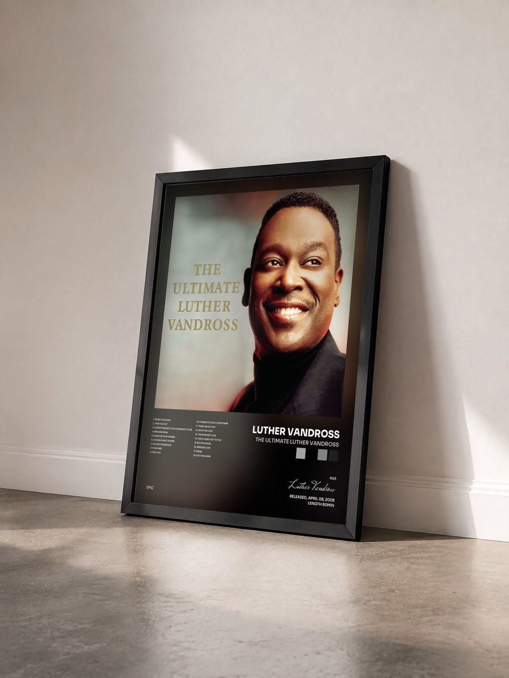 #noir The Ultimate Luther Vandross by Luther Vandross as a framed art print seen at an angle, black frame