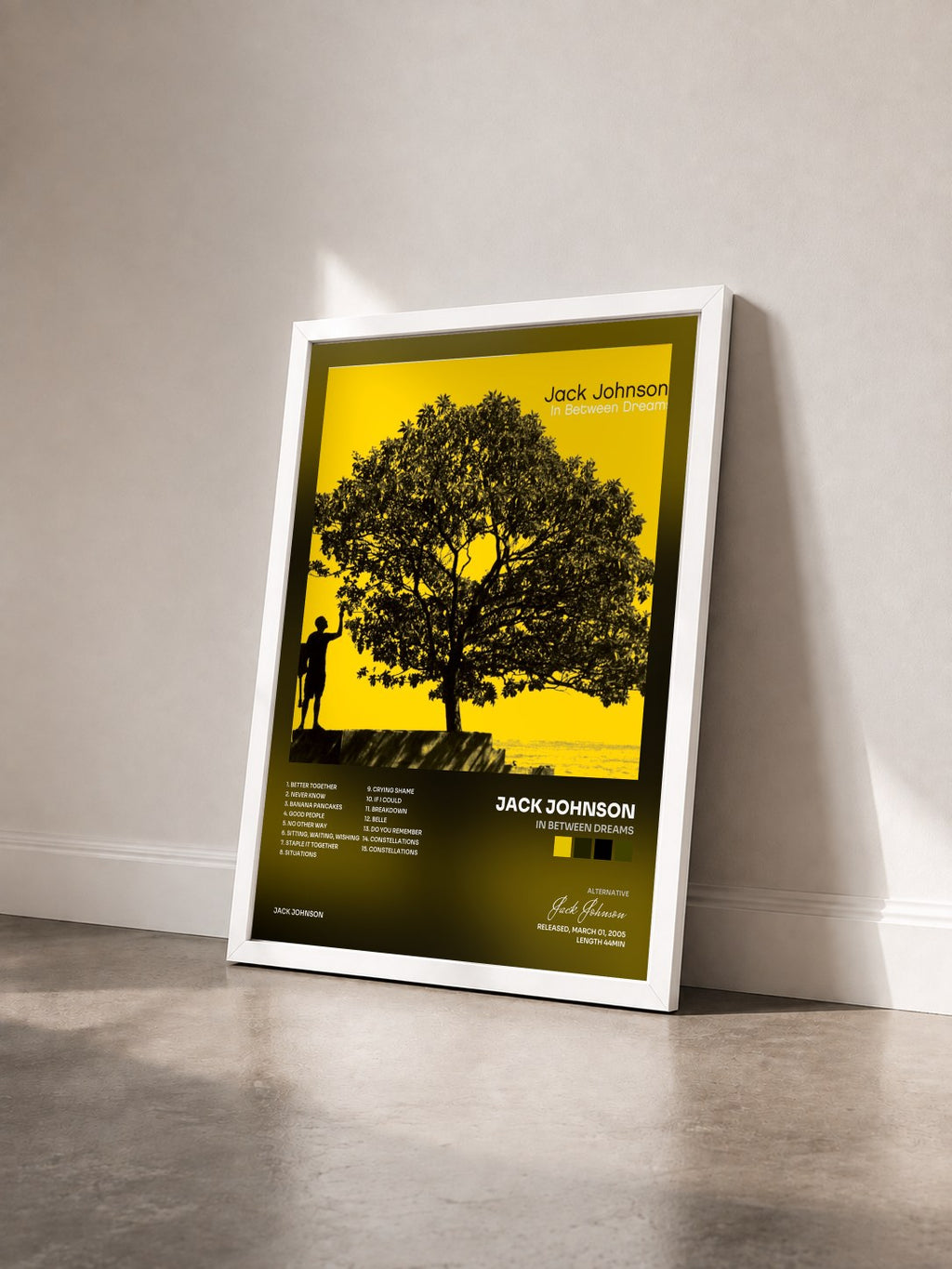 #blanc Tableau de l'album In Between Dreams de Jack Johnson vu de trois quarts, cadre blanc