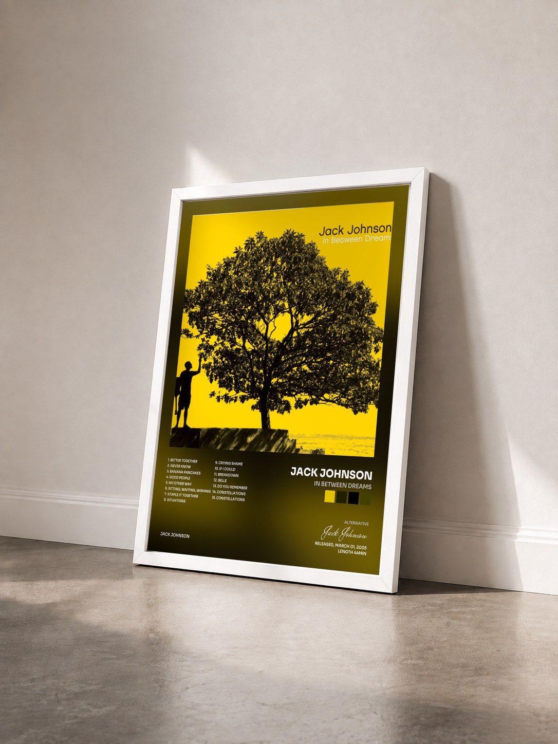 #blanc Tableau de l'album In Between Dreams de Jack Johnson vu de trois quarts, cadre blanc