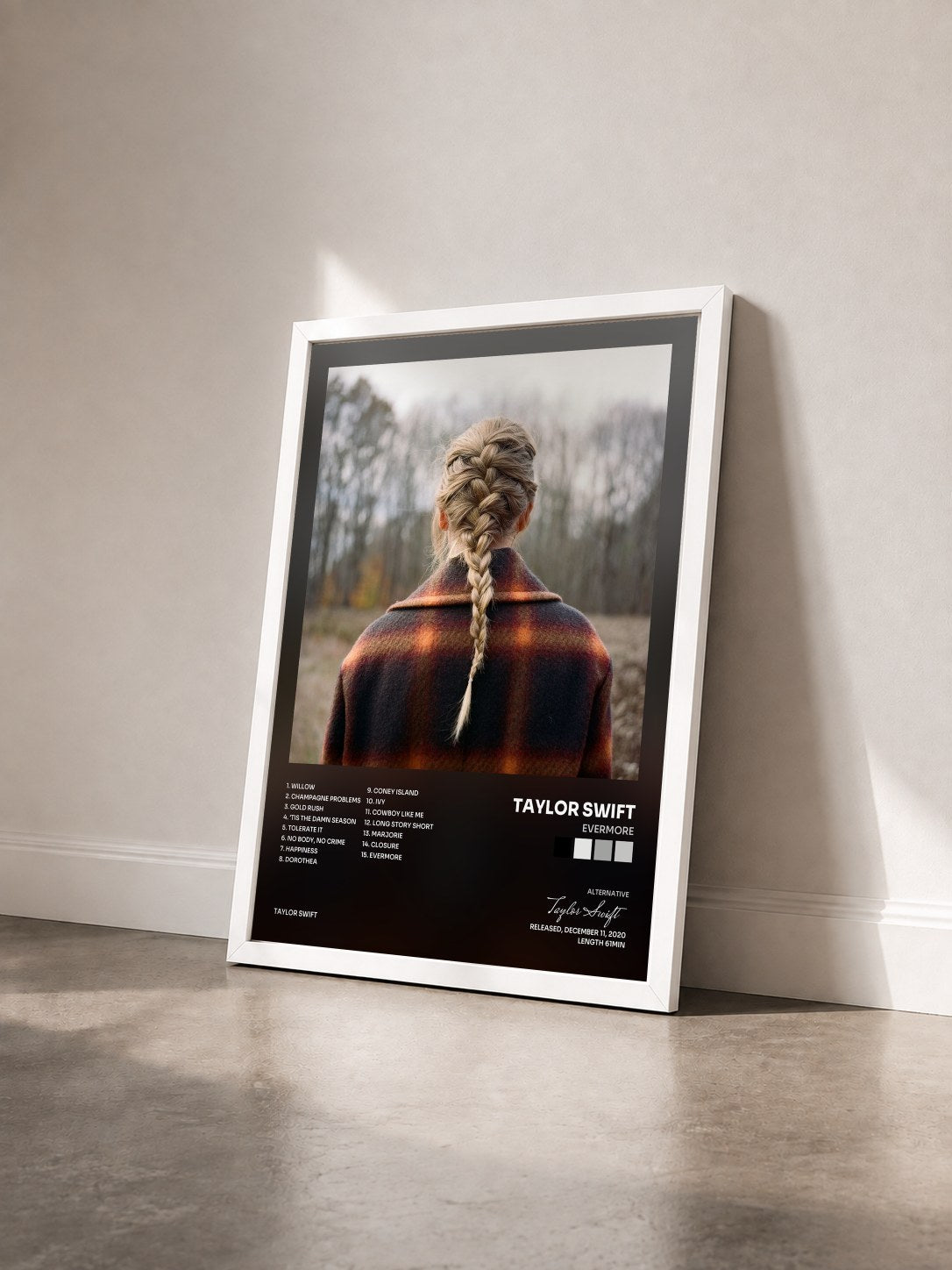 #blanc evermore by Taylor Swift as a framed art print seen at an angle, white frame