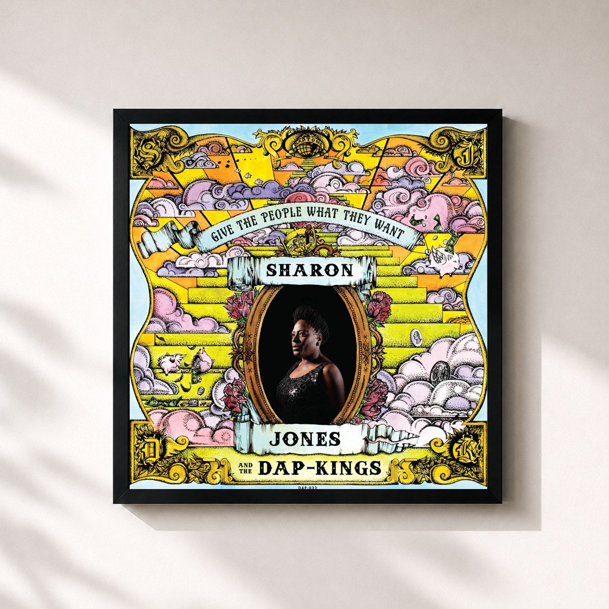 #noir Tableau carré de l'album Give the People What They Want de Sharon Jones & The Dap-Kings, cadre noir 32x32 cm