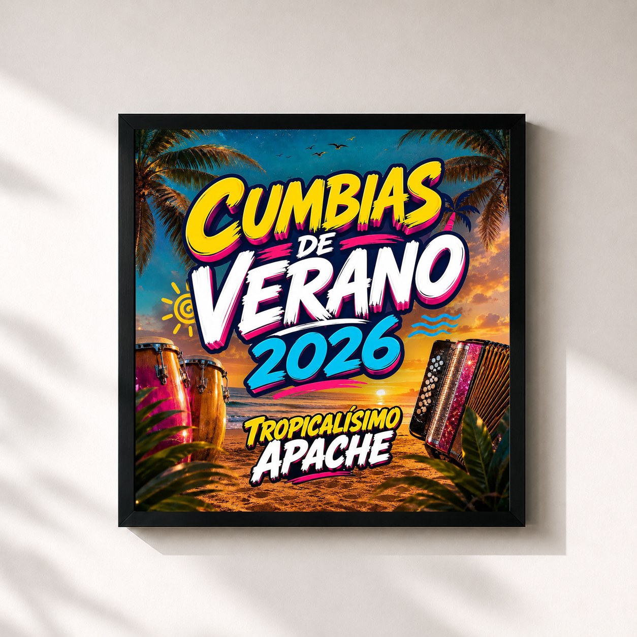 #noir Tableau carré de l'album CUMBIAS DE VERANO 2026 de Tropicalísimo Apache, cadre noir 32x32 cm