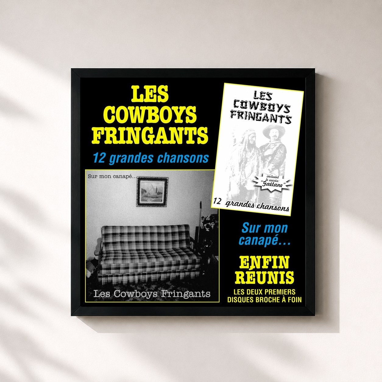 #noir Tableau carré de l'album Enfin réunis : 12 grandes chansons / Sur mon canapé de Les Cowboys Fringants, cadre noir 32x32 cm