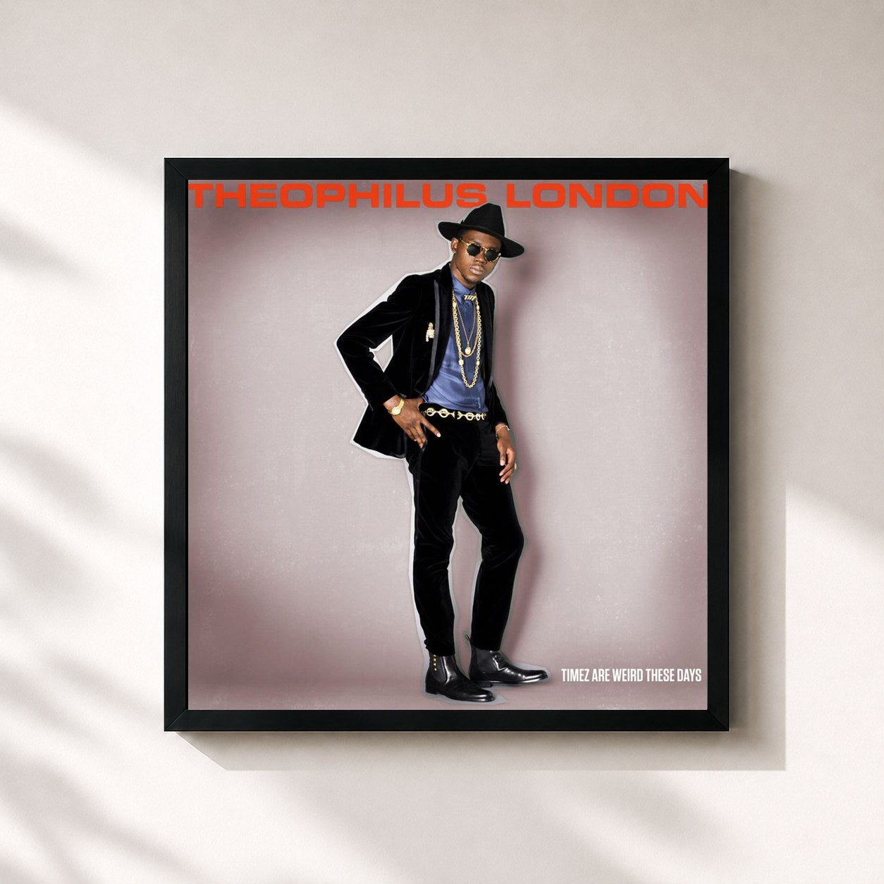 #noir Tableau carré de l'album Timez Are Weird These Days de Theophilus London, cadre noir 32x32 cm