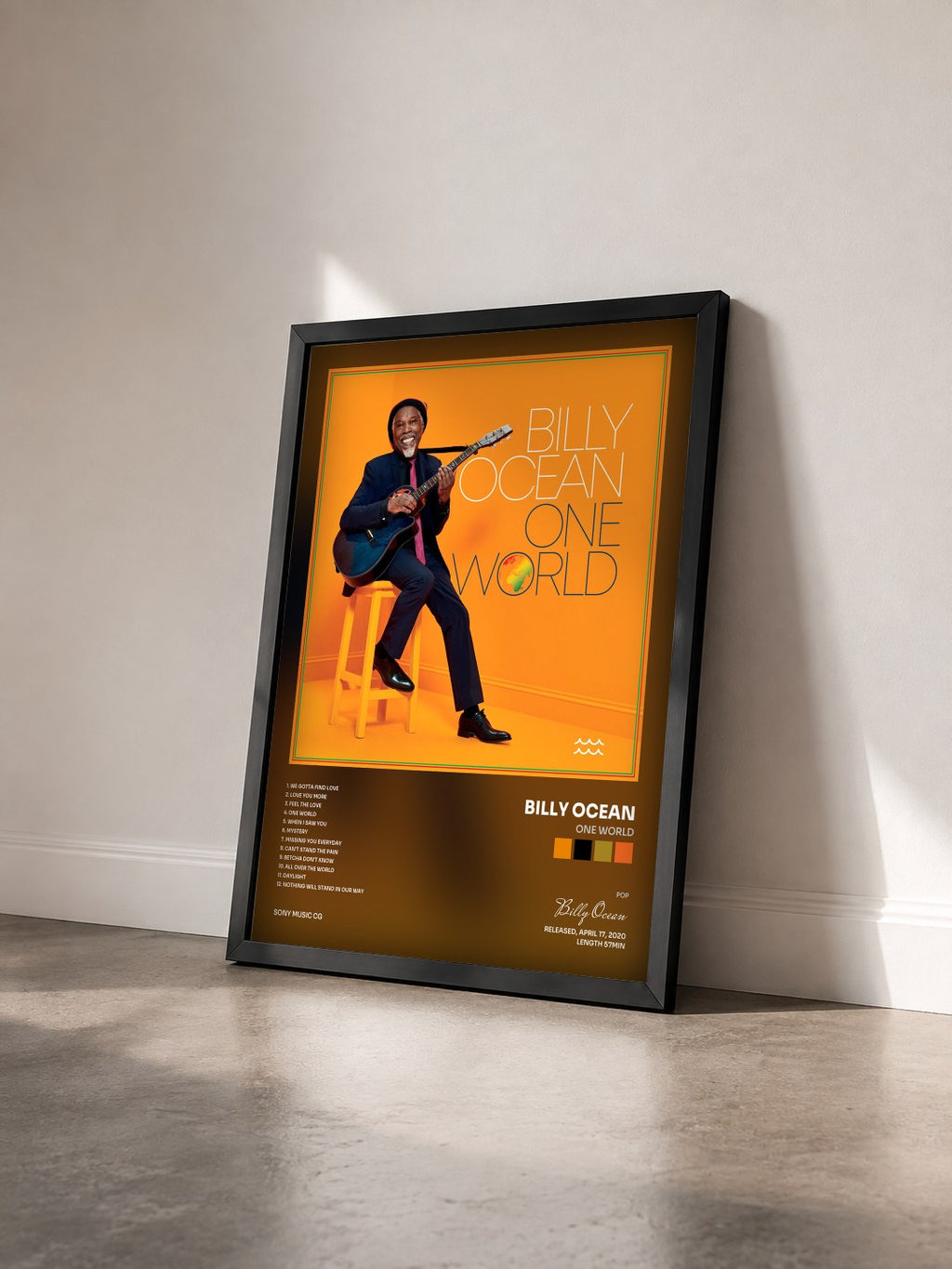 #noir One World by Billy Ocean as a framed art print seen at an angle, black frame