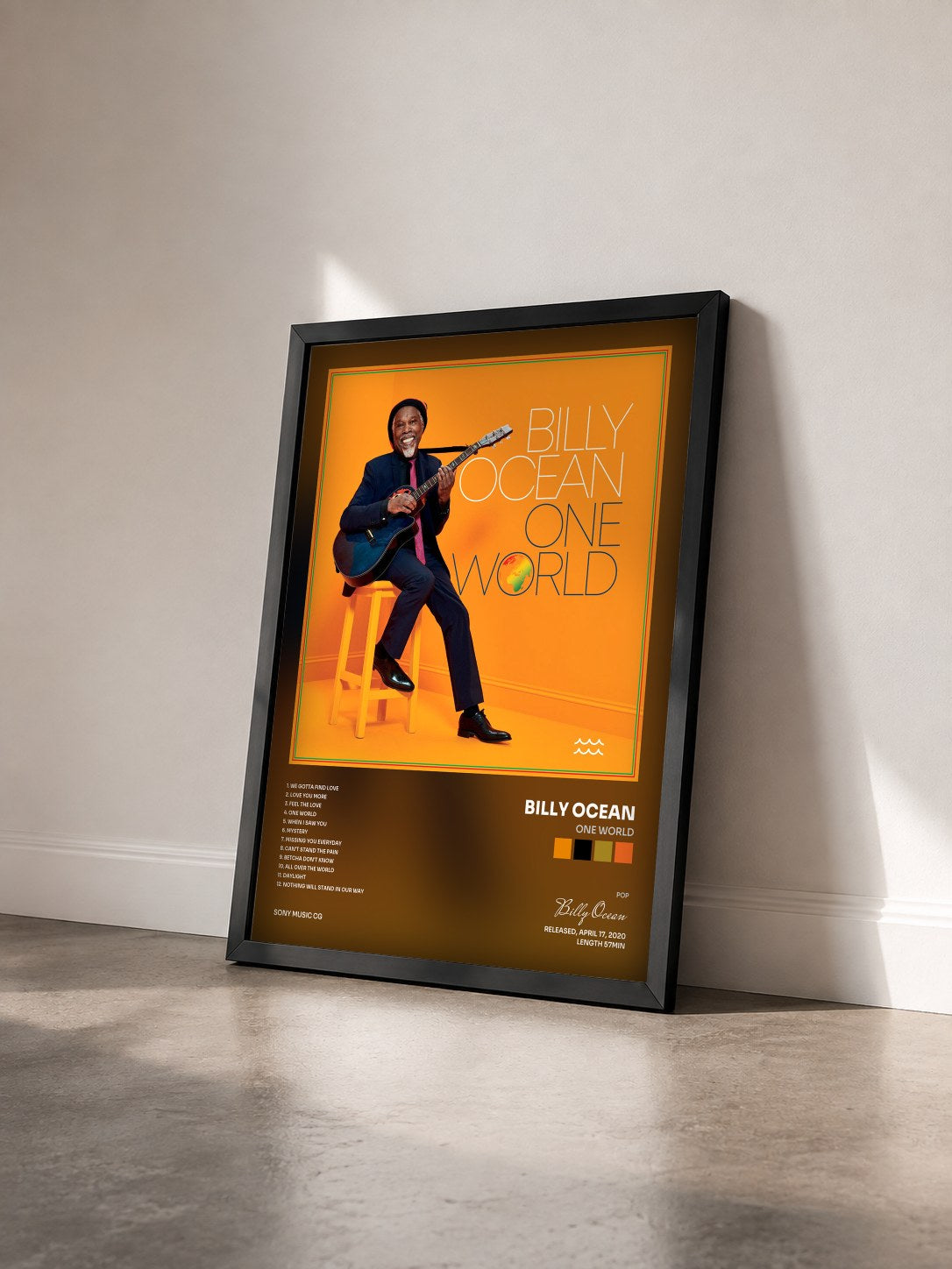 #noir Tableau de l'album One World de Billy Ocean vu de trois quarts, cadre noir