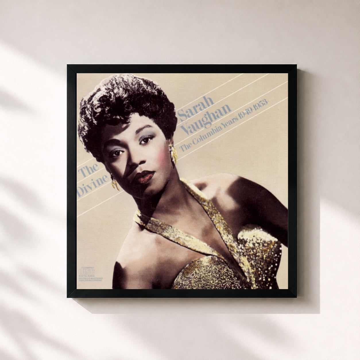 #noir Tableau carré de l'album The Divine Sarah Vaughan: The Columbia Years 1949-1953 de Sarah Vaughan, cadre noir 32x32 cm