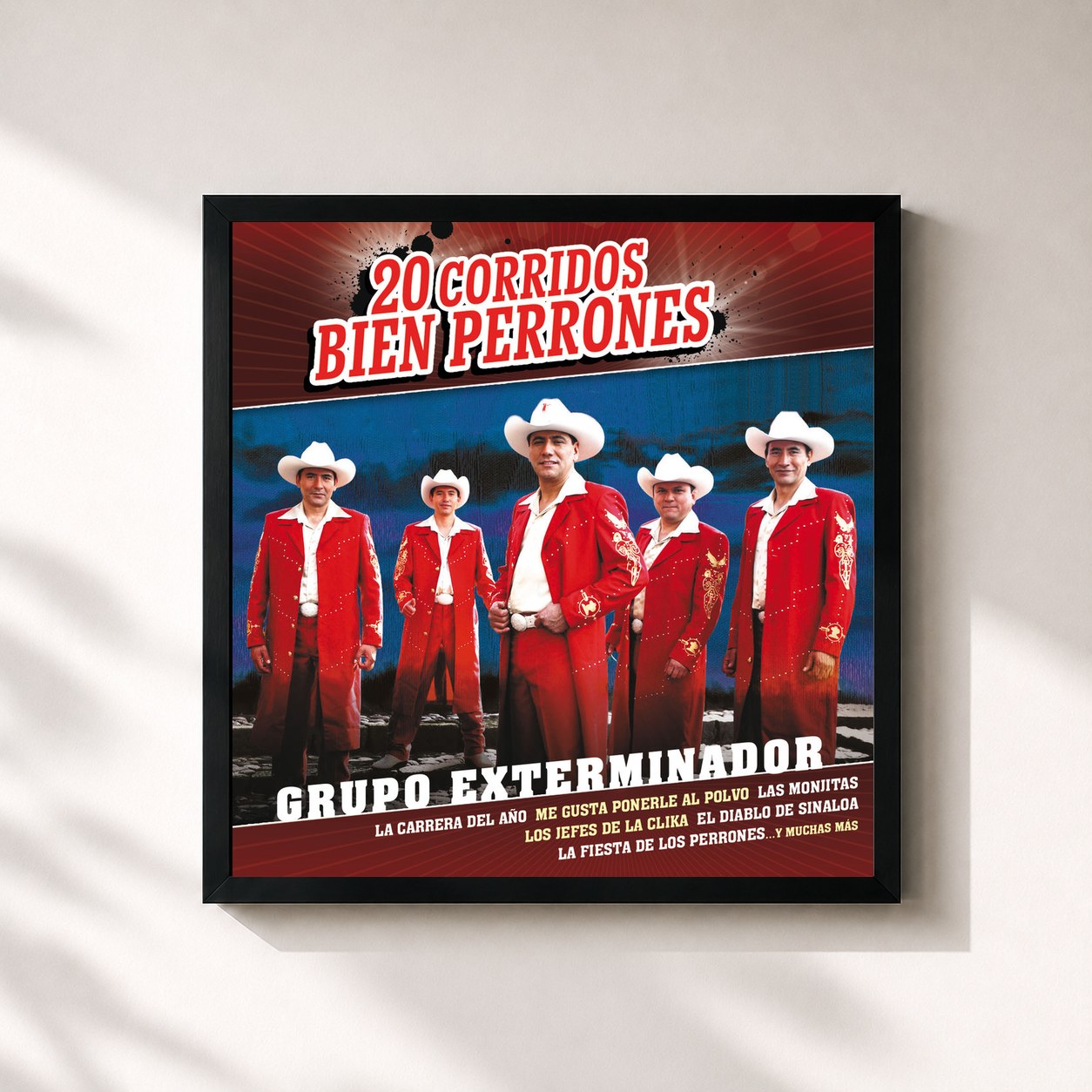 #noir Tableau carré de l'album 20 Corridos Bien Perrones de Grupo Exterminador, cadre noir 32x32 cm