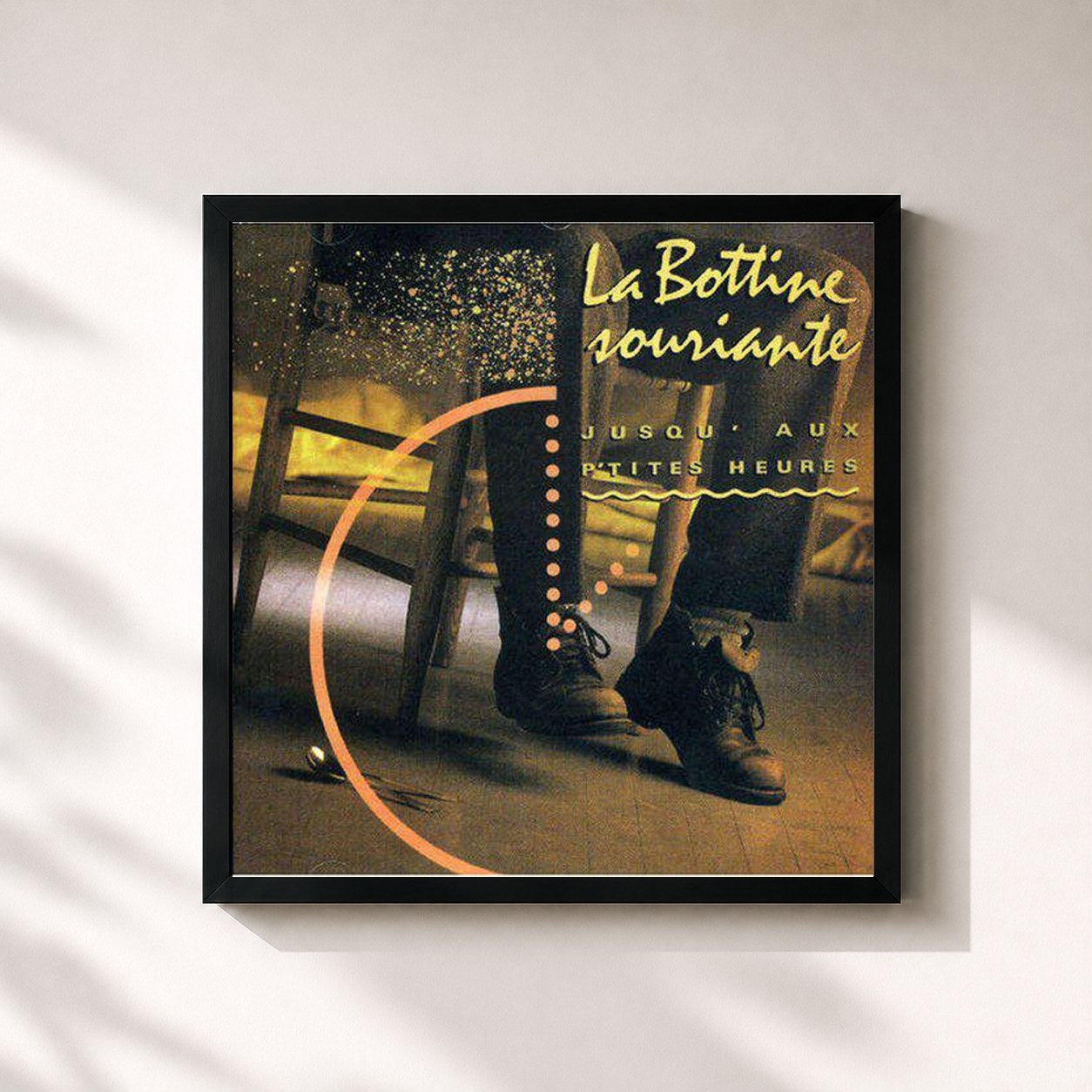 #noir Tableau carré de l'album Jusqu'aux p'tites heures de La Bottine Souriante, cadre noir 32x32 cm