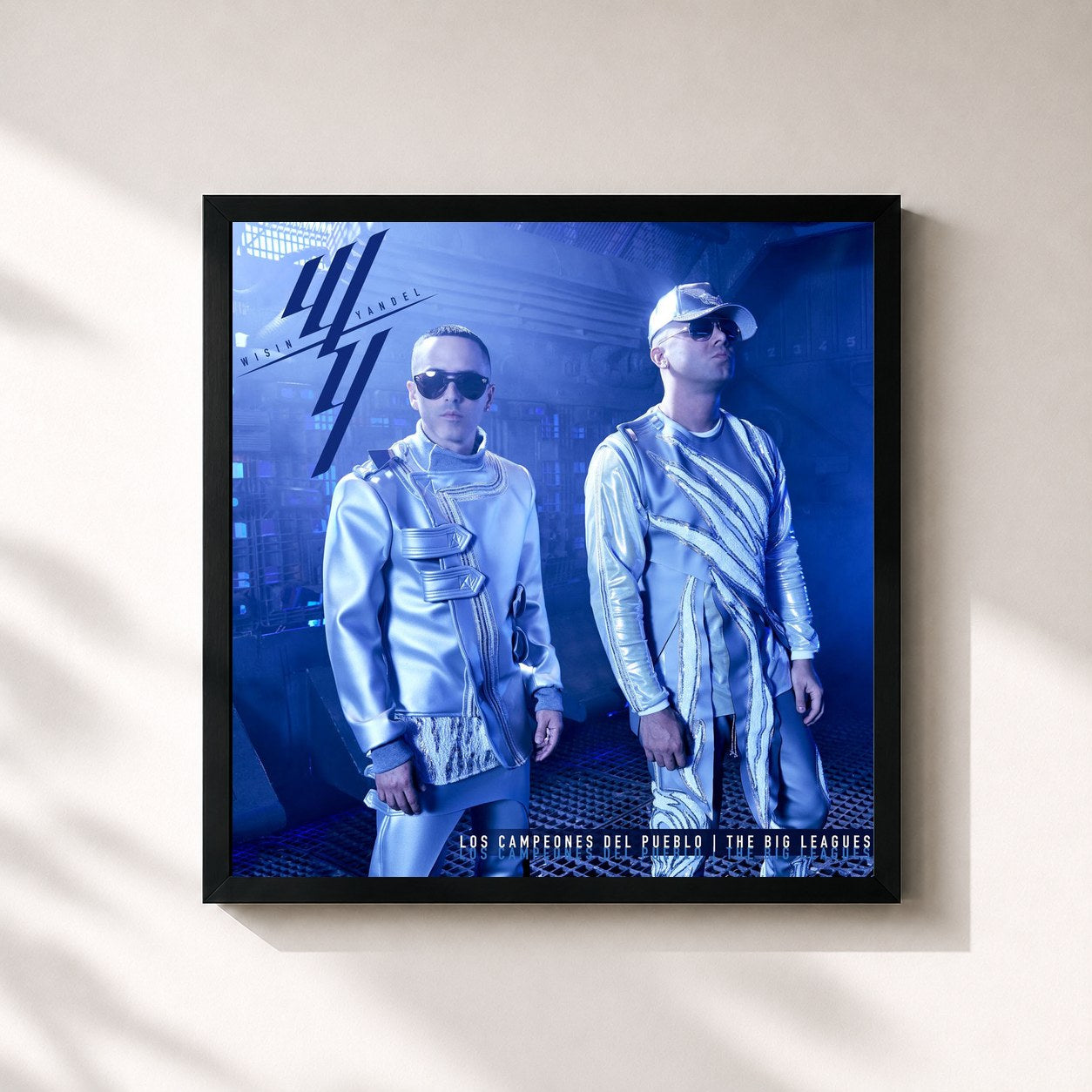 #noir Tableau carré de l'album Los Campeones del Pueblo "The Big Leagues" de Wisin & Yandel, cadre noir 32x32 cm