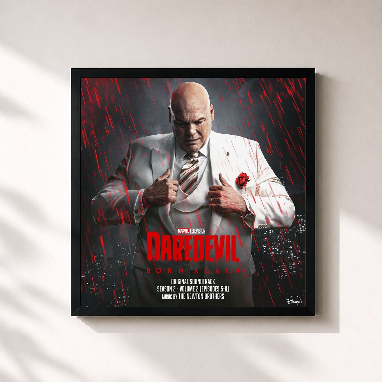 #noir Tableau carré de l'album Marvel's Daredevil: Born Again - Season 2: Vol. 2 (Episodes 5-8) (Original Soundtrack) de The Newton Brothers, cadre noir 32x32 cm