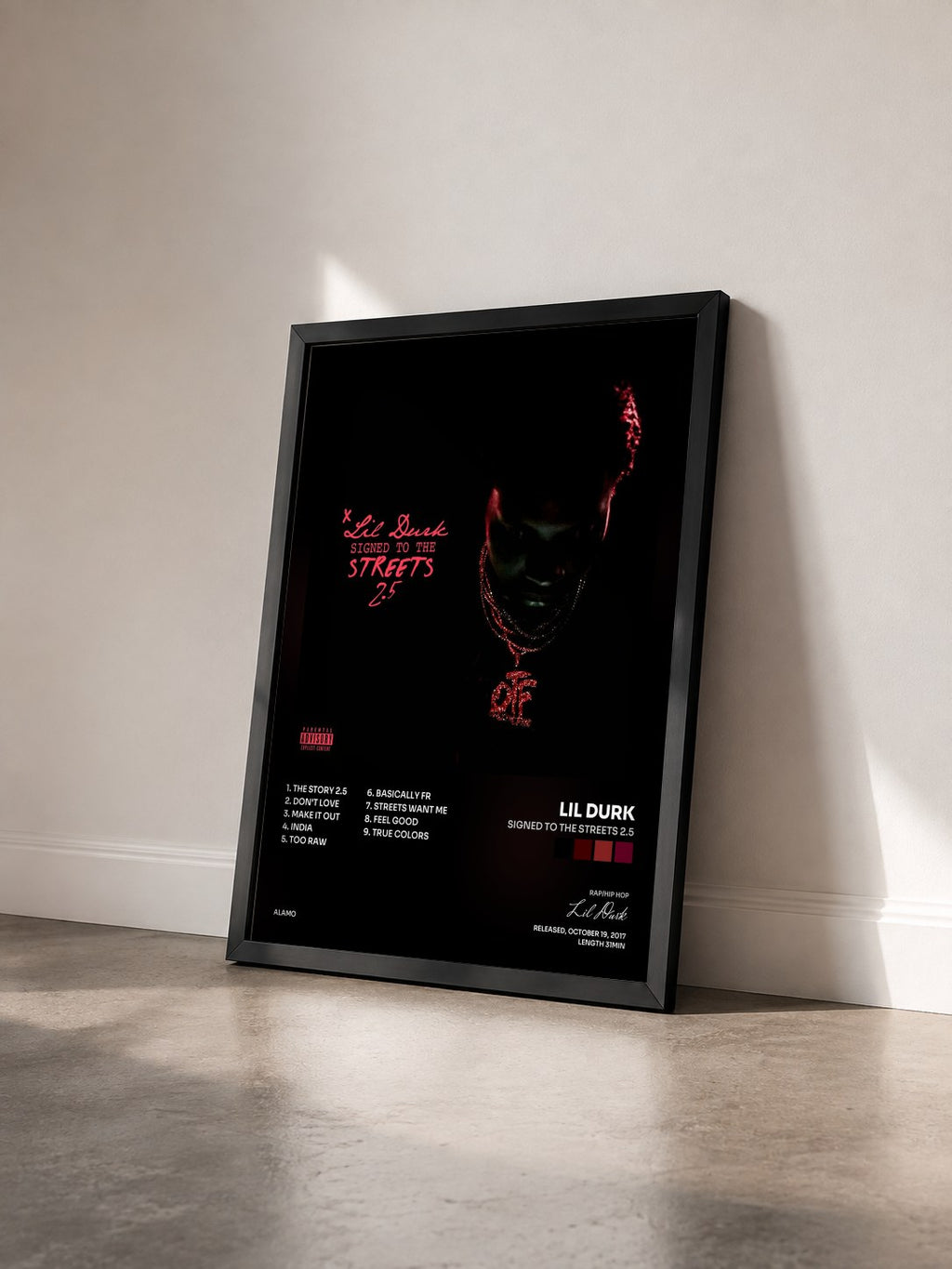 #noir Signed to the Streets 2.5 de Lil Durk en lámina enmarcada vista de tres cuartos, marco negro