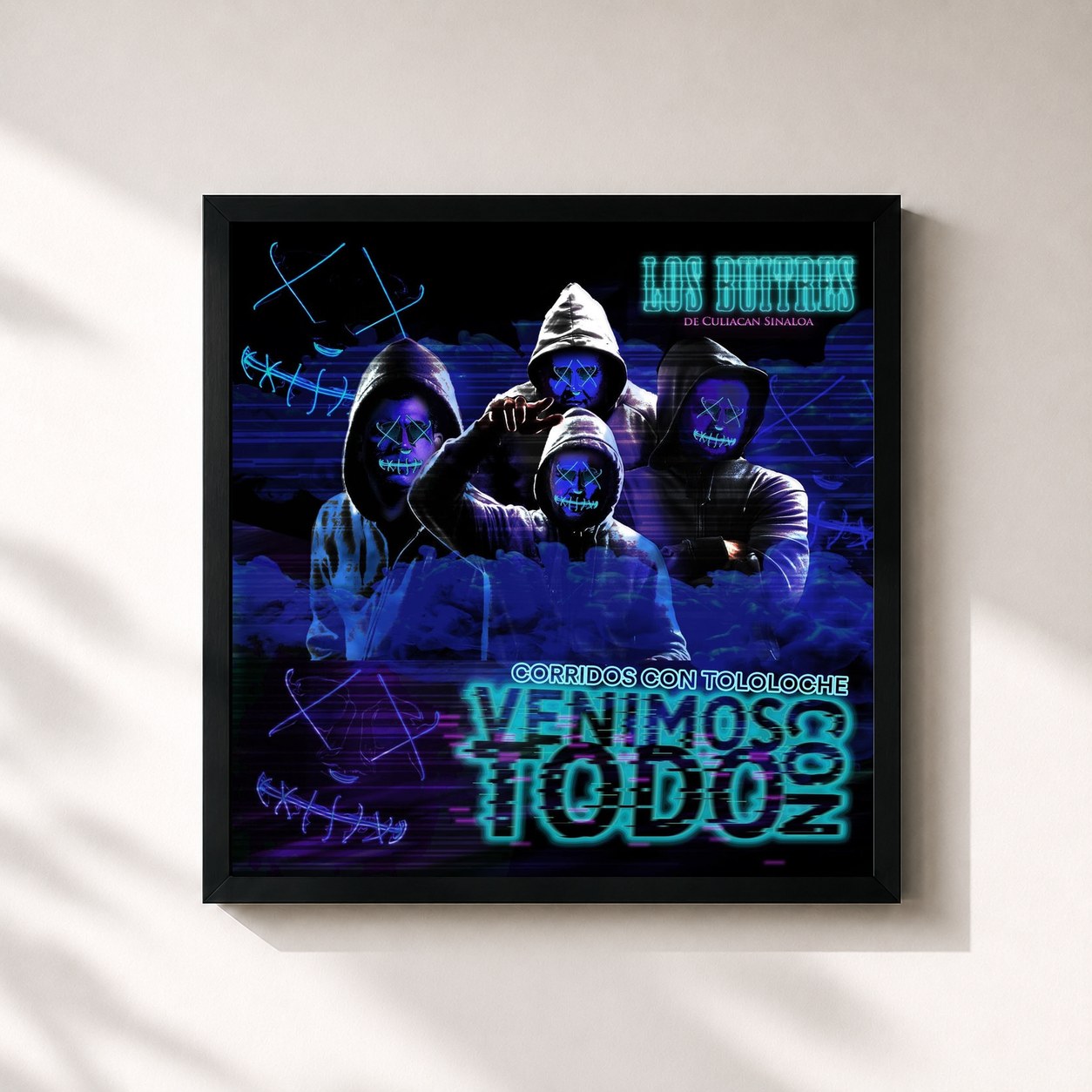 #noir Tableau carré de l'album Corridos Con Tololoche Venimos Con Todo de Los Buitres De Culiacan Sinaloa, cadre noir 32x32 cm