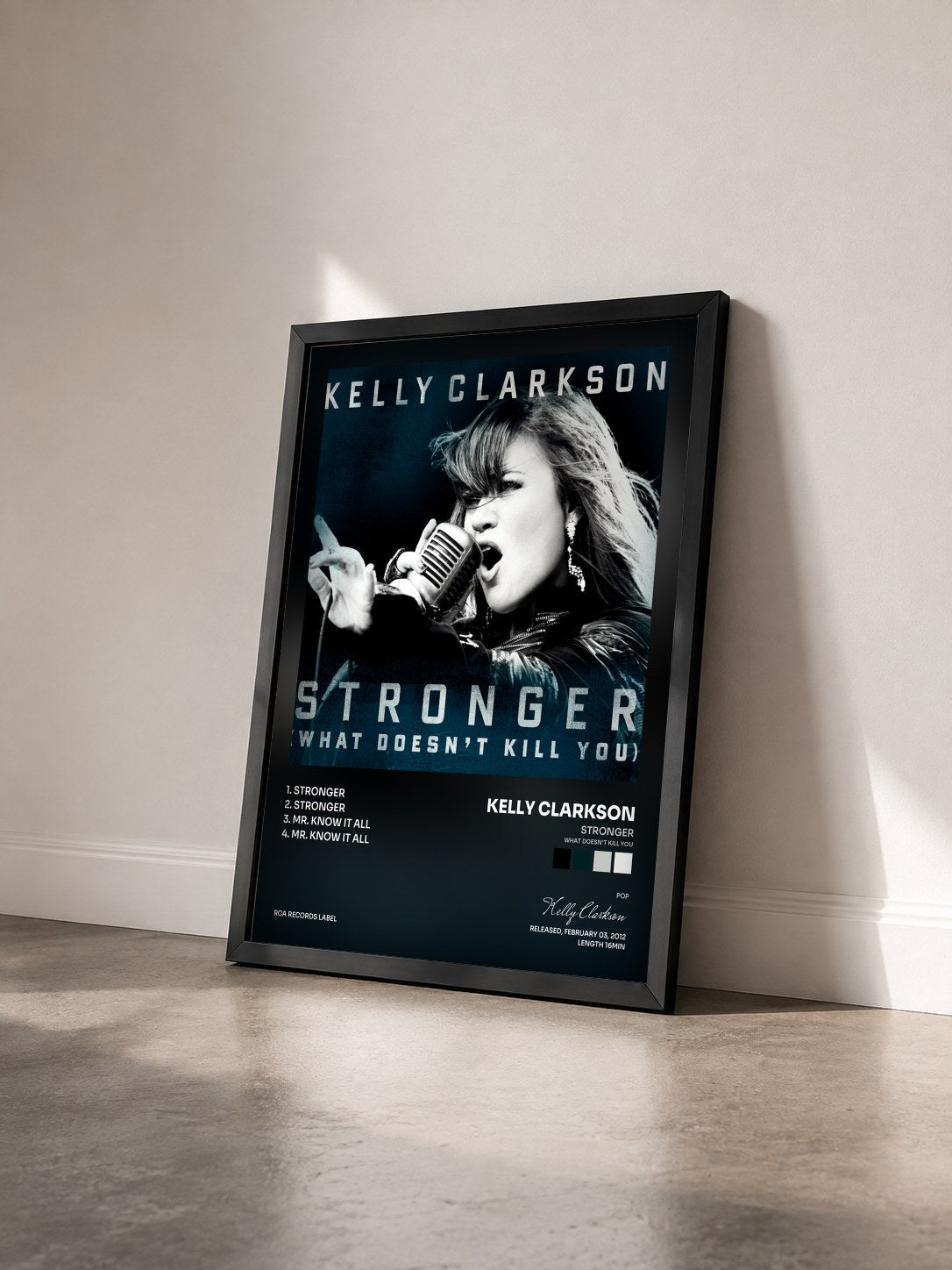 #noir Tableau de l'album Stronger (What Doesn't Kill You) de Kelly Clarkson vu de trois quarts, cadre noir